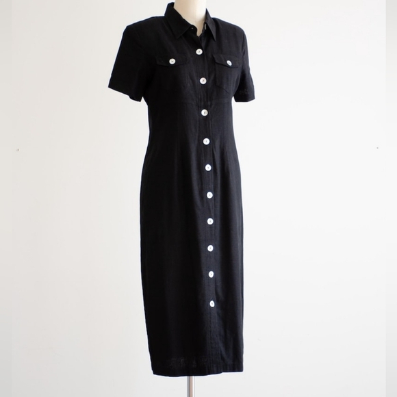 MARKS & SPENCER black linen dress 90s y2k vintage minimal button down midi dress - Picture 1 of 3